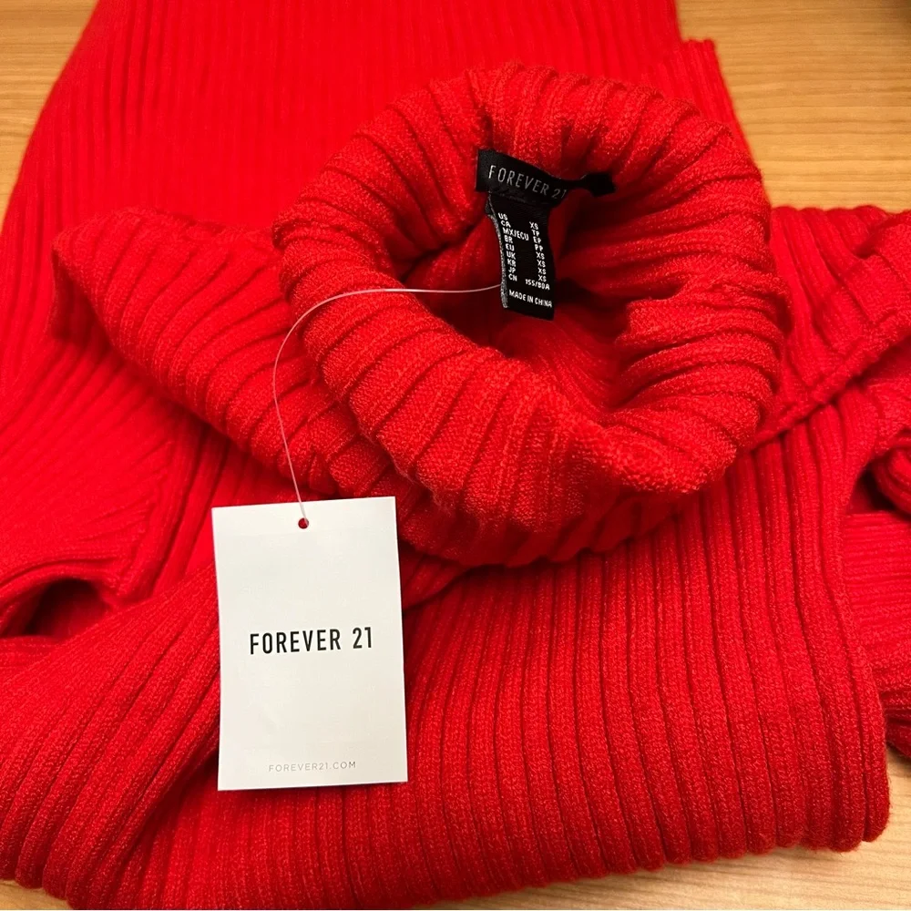 Forever 21 Red Ribbed Turtleneck Long Sleeve Bodycon Mini Sweater Dress XS NEW - Picture 3 of 7